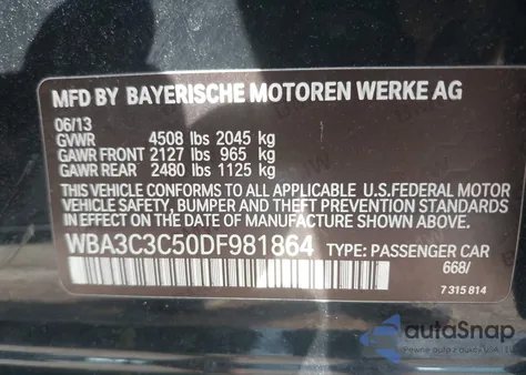 2013 BMW 320I xDrive из США, поврежденный, VIN WBA3C3C50DF981864